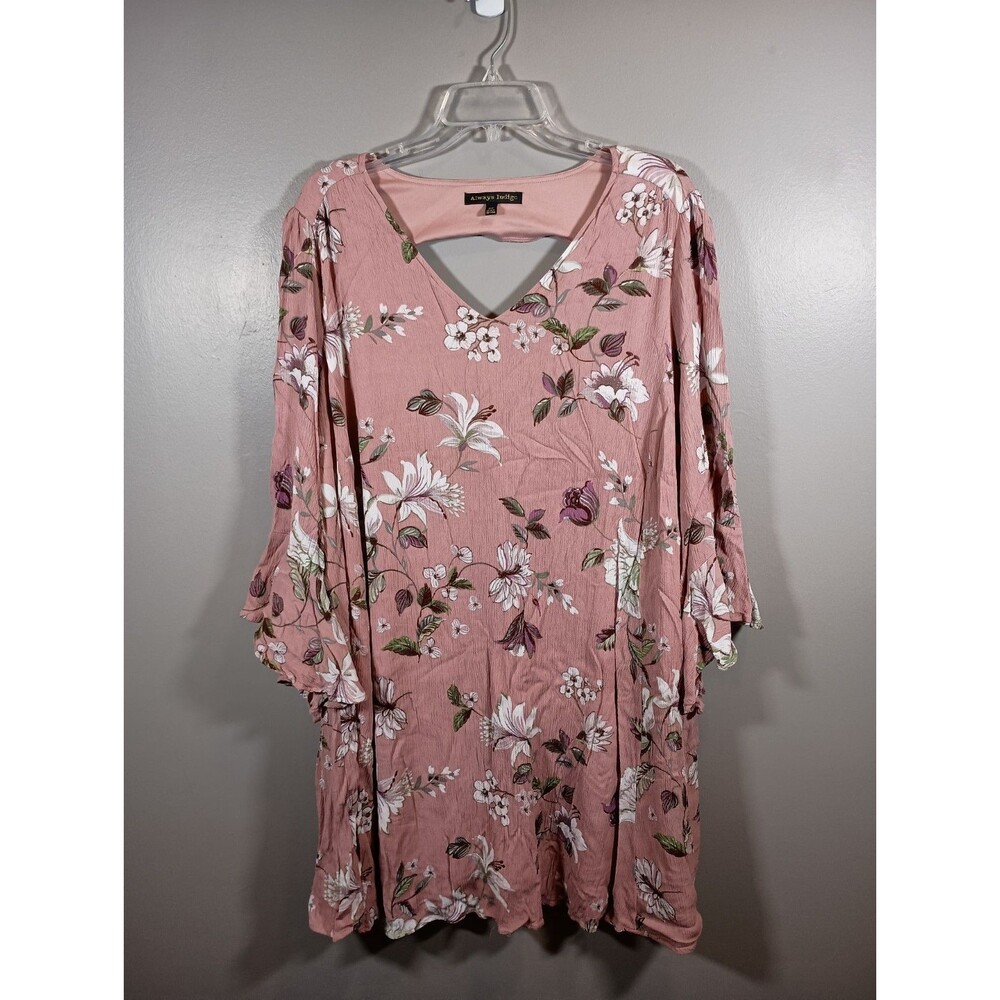 Always Indigo Mauve Midi Keyhole Pink Floral Bell Sleeve Dress Plus Size 2X